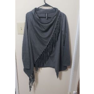 Fringe Shawl Sweater Top Gray